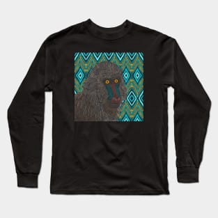 Mandrill Monkey on Aztec Pattern Long Sleeve T-Shirt